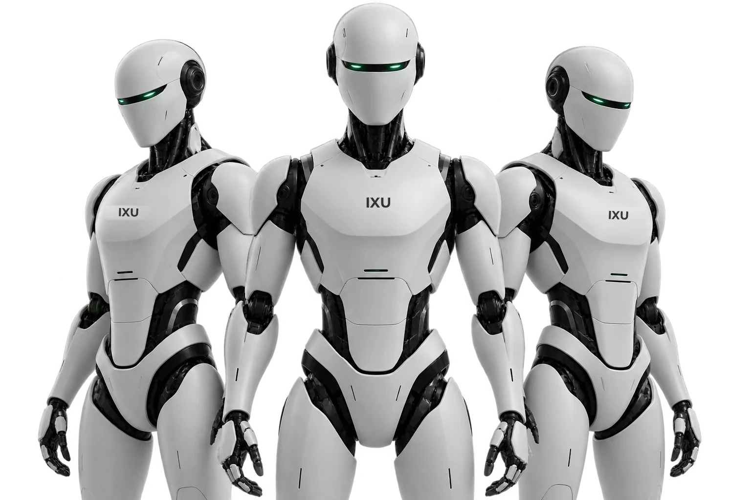 Tre roboter med IXU-logo