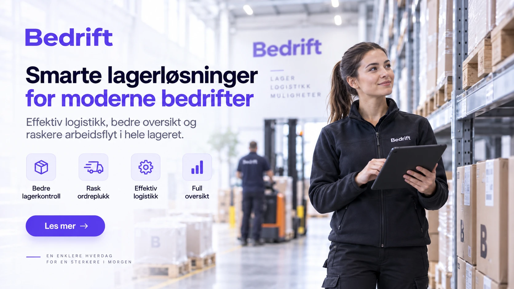 Annonse for en lagerbedrift med overskrift, punkter og knapp