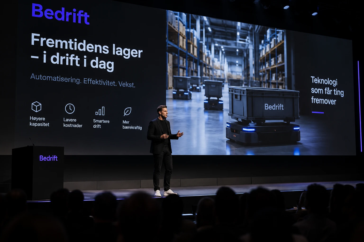 Presentasjon p&aring; scene med bedriftens profil p&aring; storskjermen